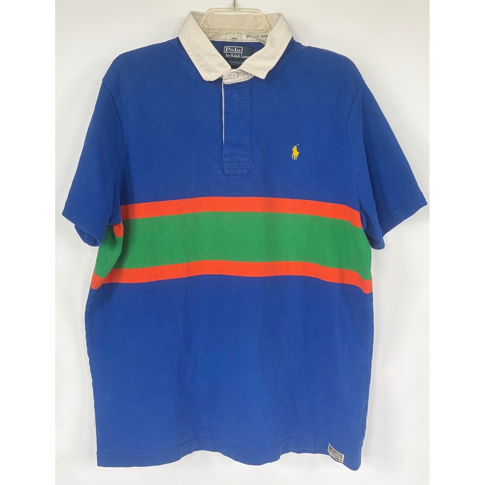 Polo Ralph‎ Lauren Mens XL Custom Fit Rugby Shirt Blue Orange Green Stripe Polo